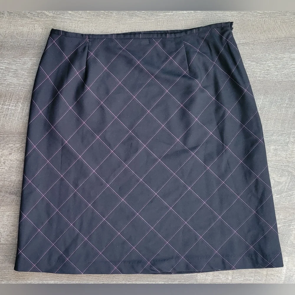 Vintage Y2K Midi Skirt Women's 16P Black w/ Pink & Purple Pin Stripe Plaid Lined - Picture 2 of 10